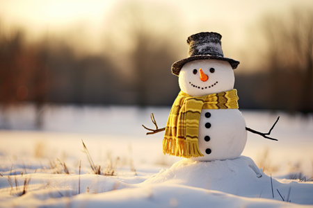 Snowman wearing a fashionable black hat and yellow scarf on a snowy field. Merry Christmas and happyの素材