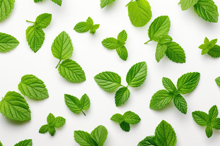 Top view of isolated mint leaf pattern on white background.の素材