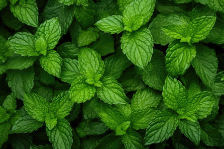Peppermint plant with textured background, top view. Fresh green leaves and concept.の素材