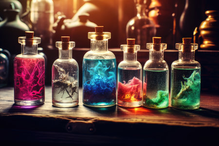 Bottles of magical potions arranged on a wooden table.の素材
