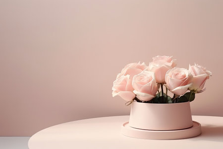 Pink rose bouquet on white podium, light and shadow background. Minimal empty product presentation.の素材