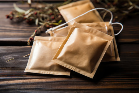 Close-up view of tea bags on a wooden background.の素材