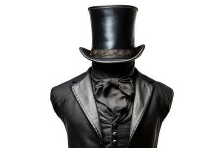 Conceptual idea of vintage men's fashion with a stylish angle on a black top hat, isolated on a whitの素材