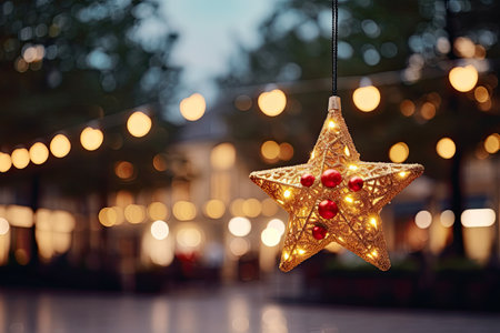 Christmas street decorations featuring a stylish golden star, illuminated fir branches, red and goldの素材