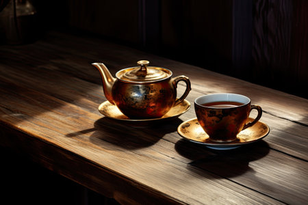 Teapot and cups on wooden surface.の素材