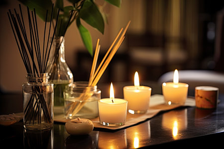 Table in spa salon with candles and reed freshener, space for text.の素材