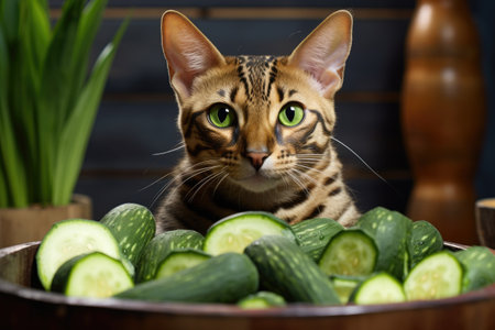 Bengal cat with cucumbers in spa, vertically captured.の素材