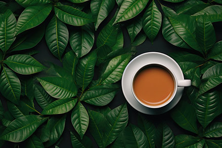 Flat lay of coffee or tea cup on green leaves background.の素材