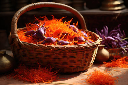 Gathering saffron in a wicker basket.の素材