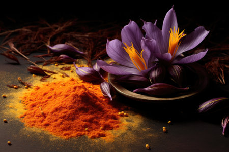 White background with isolated crocus flower and saffron spice.の素材