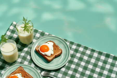 70s and 80s inspired composition with assorted toasts for a nutritious breakfast. Vintage theme on pの素材