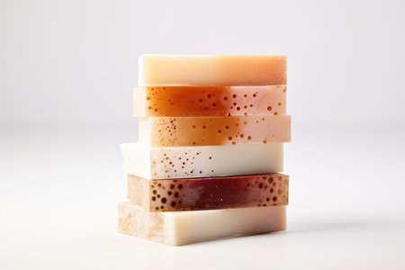 Bar of soap stacks with foam, soap bubbles, natural handmade Kombucha.の素材