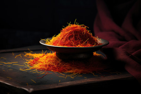 Pile of saffron on black iron surface.の素材