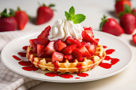 Fresh strawberries, Belgian waffle, whipped cream on white plate.の素材