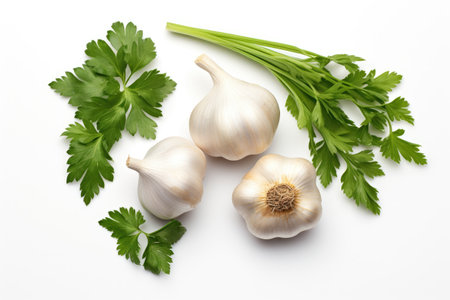 Top view of garlic, parsley, and pepper isolated on a white background.の素材