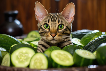 Vertical photo of a Bengali cat with cucumbers on its eyes at a spa.の素材