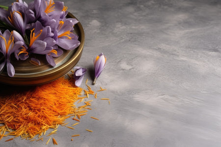 Saffron and crocus flower dried on grey table, room for text.の素材