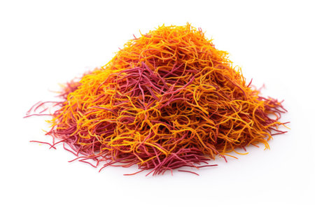 Isolated pile of saffron threads on a white backdrop.の素材