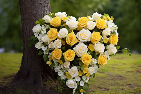 Flowers near a tree, white and yellow roses, shaped as hearts to convey sympathy or for a funeralの素材