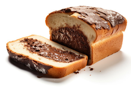 Chocolate paste spread on fresh bread against a white backdrop.の素材