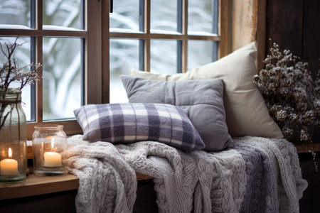 Cozy winter window sill with cushions and a knitted plaidの素材