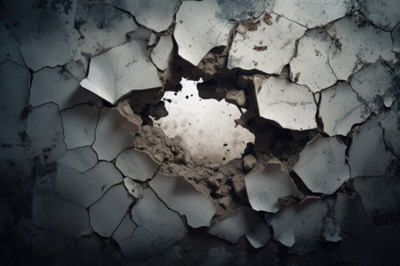 Damaged wall with opening and debris in dim lightingの素材