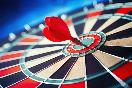 Red darts hit bullseye on a dark blue sky background symbolizing business successの素材