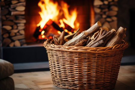 Indoor wicker basket holds firewood by fireplaceの素材