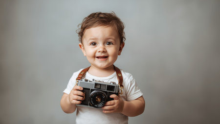 Adorable baby boy with a beaming smile, holding a classic film camera against a light gray wallの素材