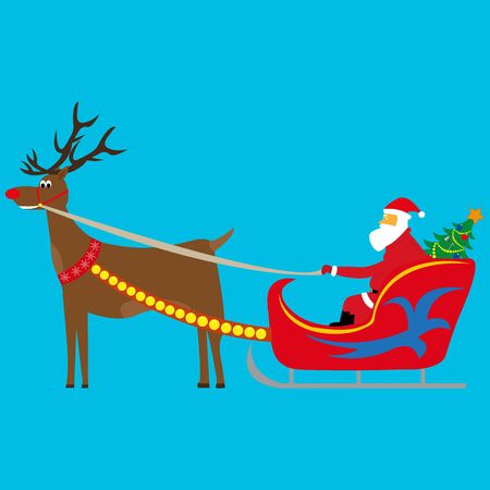 Santa Claus is driving a Christmas tree in a sleighのイラスト素材