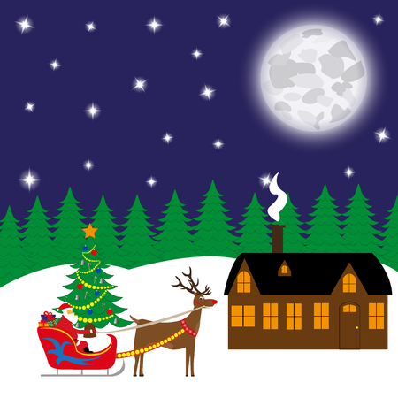 Christmas card, Santa Claus carries gifts in a sleighの写真素材