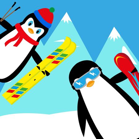 Cartoon penguins snowboarder and skierのイラスト素材