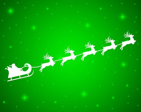 Christmas reindeers are carrying Santa Claus in a sleigh with gifts. silhouette on a green backgroundのイラスト素材