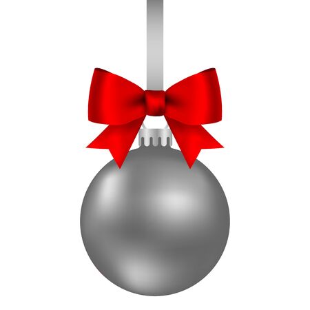 Silver Christmas ball on a ribbon with a beautiful bow isolated on whiteのイラスト素材