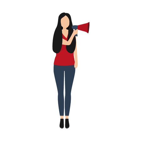 Woman speaks in a sound megaphone isolated on white backgroundのイラスト素材