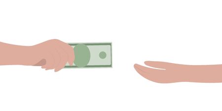 Cash in hand isolated on a white background. Cartoon flat money design, vector illustrationのイラスト素材