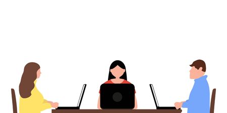 Man and a woman work in an office behind laptops isolated on a white background. Cartoon flat design, vector illustrationのイラスト素材