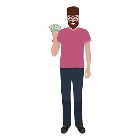 Man holds money in his hands and enjoys his salary. Cartoon vector illustration, flat designのイラスト素材