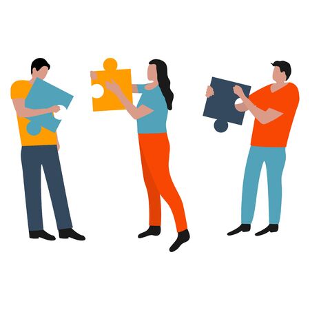 People connected puzzle pieces. Performing work according to the instructions. Joint collaboration of a group of persons. Flat cartoon design, vector illustration.のイラスト素材