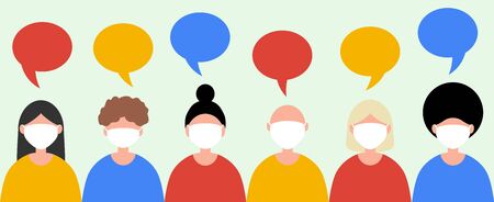 People of different nationalities in protective medical masks against the virus. Cartoon flat design, vector illustrationのイラスト素材