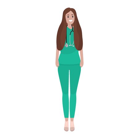 Young female doctor with stethoscope in a hospital. Cartoon flat, vert illustration.のイラスト素材