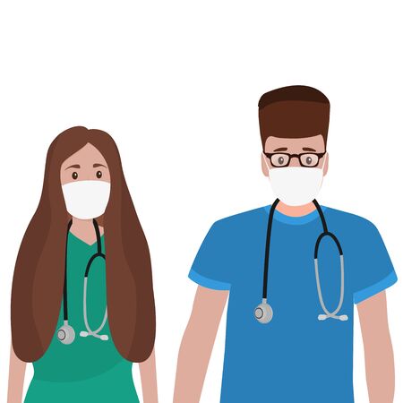 Young male and female doctors with stethoscope in a hospital. Cartoon flat, vert illustration.のイラスト素材