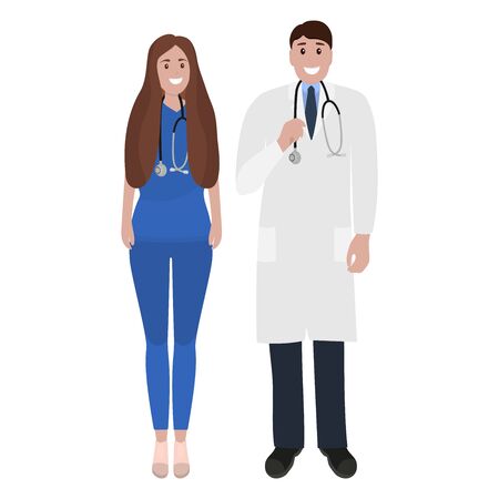 Young male and female doctors with stethoscope in a hospital. Cartoon flat, vector illustration.のイラスト素材
