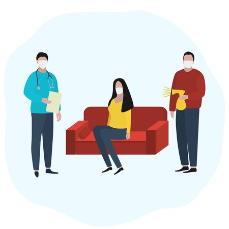 Woman sits at home on the sofa in a medical mask is sick and a doctor is standing nearby. Fashion trendy illustration, flat design. Pandemic and epidemic of coronavirus in the worldのイラスト素材