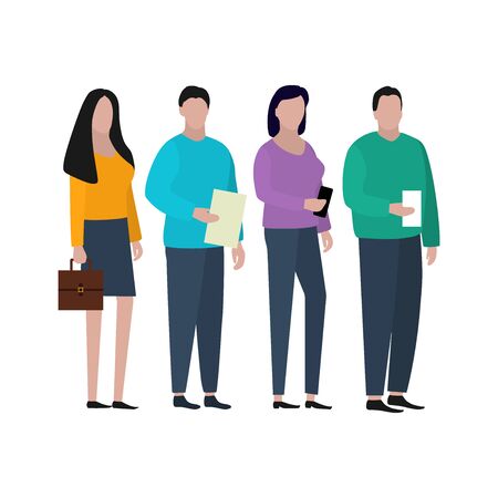 Team of business young people with phones and documents on a white background.Fashion trendy illustration, flat design.のイラスト素材