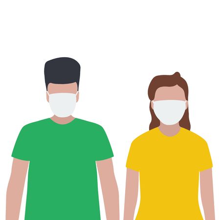 Man and woman in a protective mask against viruses. Fashion trendy illustration, flat design. Pandemic and epidemic of coronavirus in the worldのイラスト素材