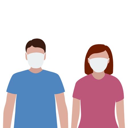 Man and woman in a protective mask against viruses. Fashion trendy illustration, flat design. Pandemic and epidemic of coronavirus in the worldのイラスト素材