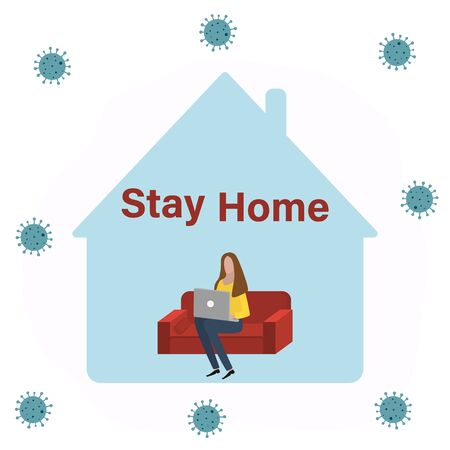 Woman at home working on a laptop. We sit at home slogan and hashtag, flat illustration. Vectorのイラスト素材