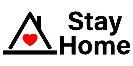Slogan call and hashtag Sit at home with a picture of the heart. Vector flat illustration with housing logo. Epidemic Cove 19 with calling is all people at homeのイラスト素材