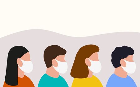 Man and woman in medical masks protect themselves from the epidemic. Cartoon flat design, vector illustration about the disease.のイラスト素材